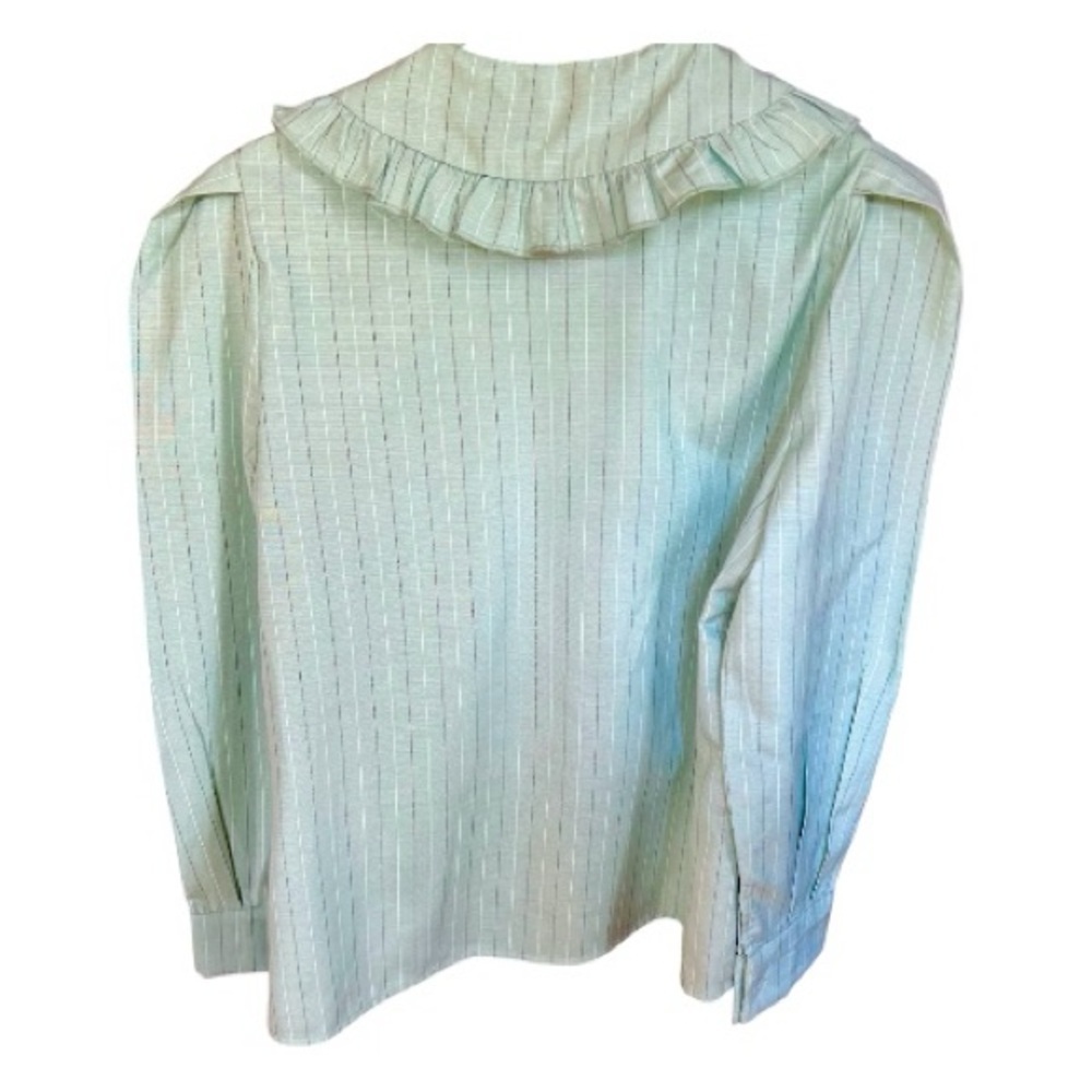 NWT Mint Green Pinstripe Peter Pan Ruffled Collar Blouse Pleated Long Sleeves S - Picture 2 of 5